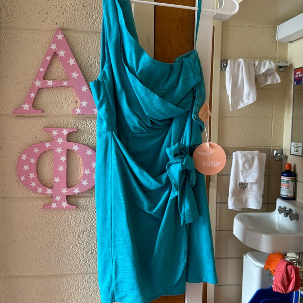 Blue sage and page one shoulder dress. NEVER WORN